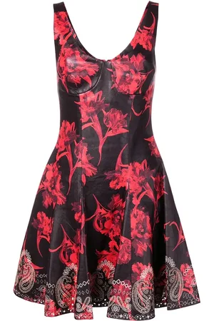 Roberto Cavalli Leren jurk met micro papegaai en tulp print