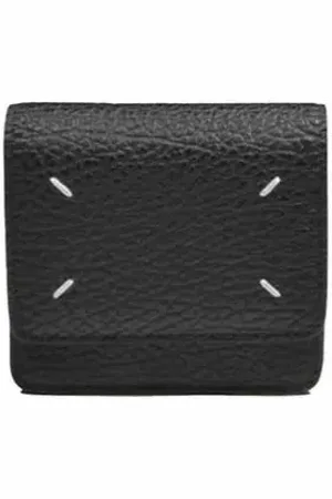 Maison Margiela Portemonnees - Black Hammered Leather Mini Wallet With Strap in