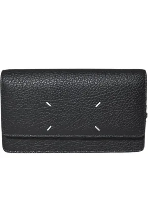 Maison Margiela Portemonnees - Black Leather Wallet With Silver Chain Strap in