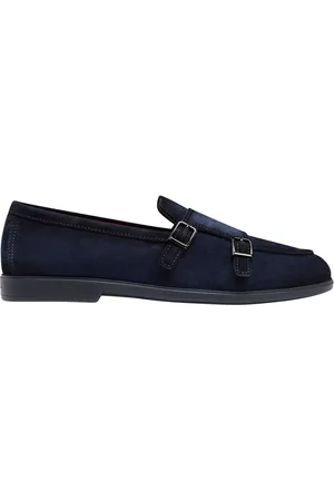 santoni Loafers - Navy Blue Almond Toe Moccasins in