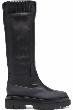 santoni Boots - Black Ribbed Leather Knee-High Boots in