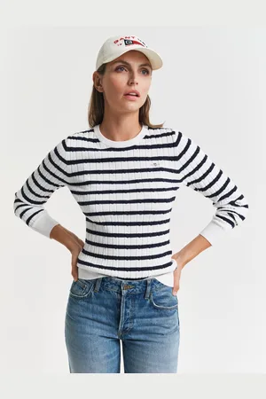 GANT Women Gebreide kabeltrui met ronde hals en strepen van stretchkatoen (XS)