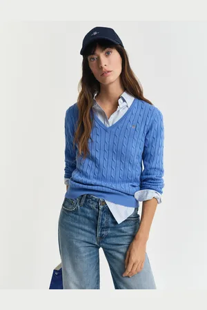 GANT Women Gebreide kabeltrui met V-hals van stretchkatoen (XS)