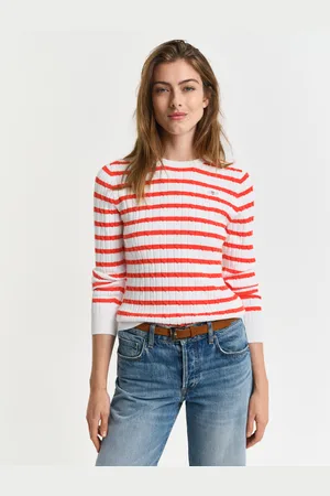 GANT Women Gebreide kabeltrui met ronde hals en strepen van stretchkatoen (XS)