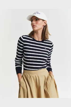 GANT Women Gebreide kabeltrui met ronde hals en strepen van stretchkatoen (XS)
