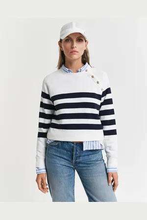 GANT Women Gestreept sweatshirt met ronde hals en gouden knopen (S)