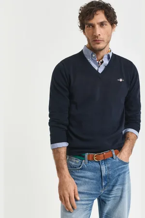 GANT Men Klassieke sweater van katoen met V-hals (XS)