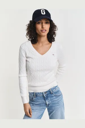 GANT Women Gebreide kabeltrui met V-hals van stretchkatoen (XS)