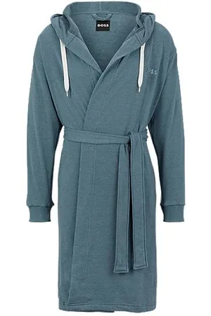 HUGO BOSS Blauwe ochtendjas met capuchon en logoprints op de mouwen