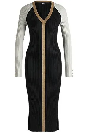 HUGO BOSS Gebreide jurk van metallic materiaal met V-hals