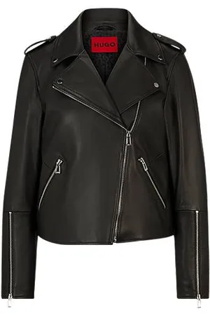 HUGO BOSS Regular-fit bikerjas van leer met asymmetrische rits