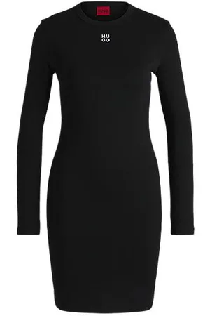 HUGO BOSS Geribde jurk van stretchmateriaal met tweedelig logo
