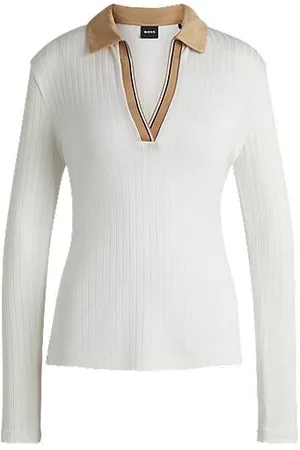 HUGO BOSS T-shirt met lange mouwen, Johnny-kraag en kenmerkende strepen