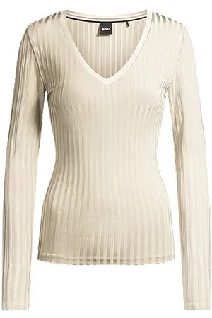 HUGO BOSS Top met lange mouwen en V-hals van glanzende, geribbelde jersey