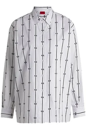 HUGO BOSS Oversized-fit blouse van katoenen popeline met logo’s en strepen