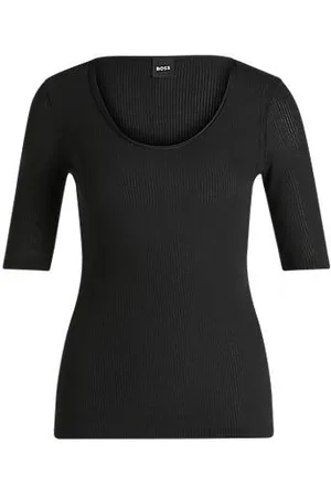 HUGO BOSS T-shirt met wijde, ronde hals van geribd stretchmateriaal