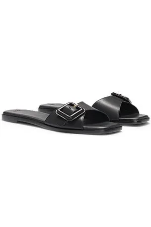 HUGO BOSS Leren slippers met logodetail op de gesp