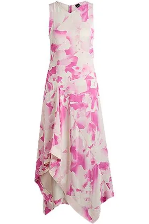 HUGO BOSS Lange jurk van twill met print en watervaldetail aan de voorkant