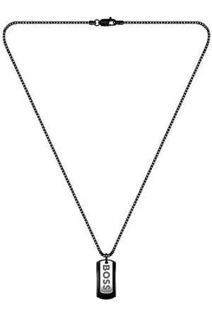 HUGO BOSS Ketting van zwart staal met logohanger met dubbel plaatje