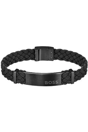 HUGO BOSS Gevlochten armband van zwarte suède met logoplaatje