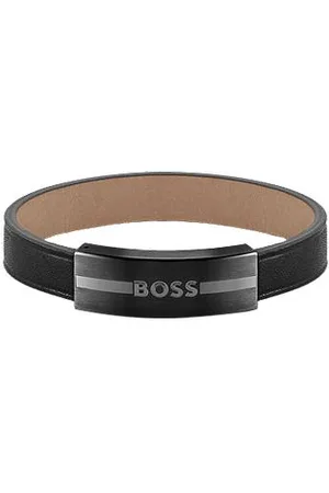 HUGO BOSS Leren armband met logoplaatje gevuld met email