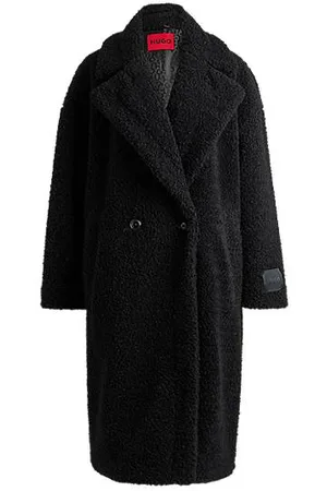 HUGO BOSS Oversized-fit double-breasted mantel van imitatiebont