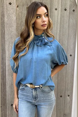 Jurkjes Bow Denim Blouse Pofmouwen Maeve
