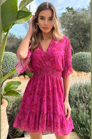 Jurkjes V-hals Print Dress Marrit Floral Fuchsia