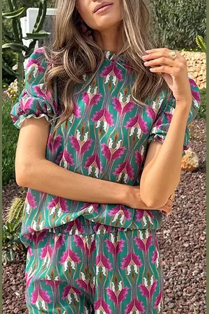 Jurkjes Ruffle Pofmouwen Top Tropische Print