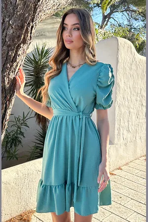Jurkjes Pofmouwen V-Hals Jurk Romy Mint