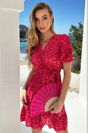 Jurkjes Print V-hals Jurk Sienna Fuchsia Koraal