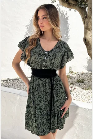 Jurkjes Ruffle Jurk V-Hals Vivy Print Army