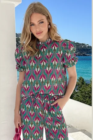 Jurkjes Ruffle Pofmouwen Top Tropische Print