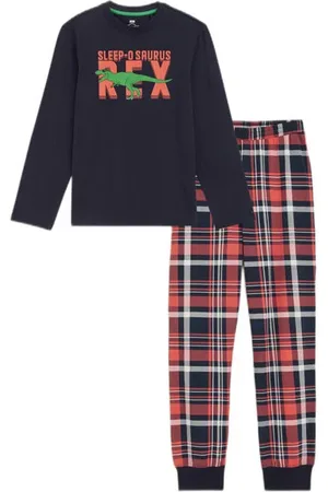 WE Fashion Pyjamaset donkerblauw/oranje Jongens Stretchkatoen Ronde hals