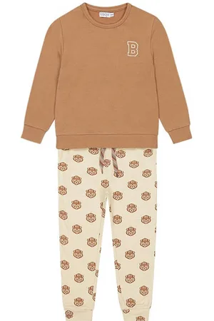 Dirkje Pyjama beige/bruin Jongens Katoen Ronde hals All over print