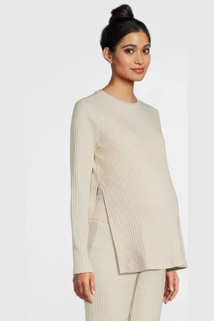 Mama;licious Zwangerschaps longsleeve ecru Dames Katoen Ronde hals Effen
