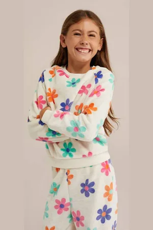 WE Fashion Pyjama offwhite/roze/groen Ecru Meisjes Polyester Ronde hals