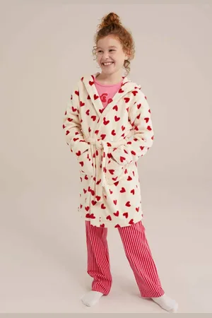 WE Fashion Fleece badjas met hartjes print Ecru Hartjes