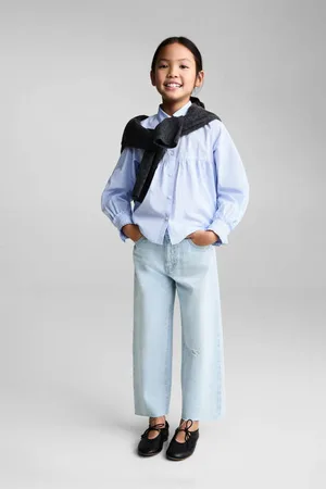 MANGO Wide leg jeans lichtblauw Meisjes Denim Effen