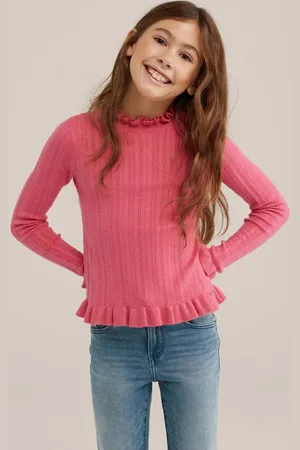 WE Fashion Longsleeve roze fijn gebreid Meisjes Viscose Opstaande kraag