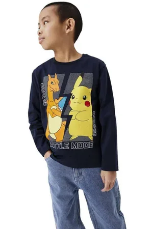 NAME IT KIDS Pokemon longsleeve met printopdruk donkerblauw Jongens Katoen Ronde hals