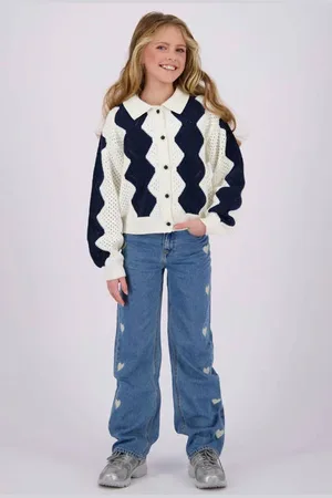 Vingino High waist wide leg jeans Cato Heart met hartjes Blauw Meisjes Denim