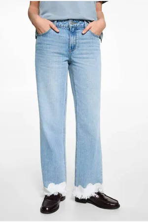 MANGO Straight regular waist light blue denim Jeans Blauw Tie