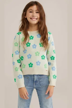 WE Fashion Gebreide trui ecru Groen Meisjes Viscose Ronde hals Bloemen