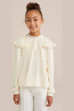 WE Fashion Lange mouwen top met ruches ecru Meisjes Polyester Ronde hals
