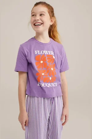 WE Fashion Pyjama lila/wit/oranje Paars Meisjes Katoen Ronde hals Printopdruk