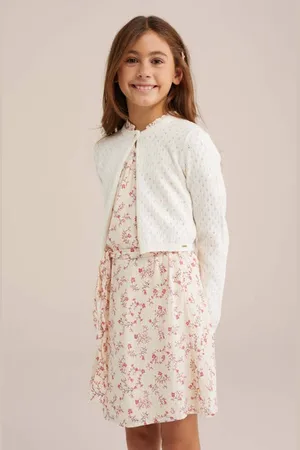 WE Fashion Gebreid ajour vest met lange mouwen ecru Meisjes Katoen Ronde hals