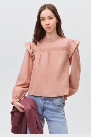 MANGO Blousetop roze Meisjes Katoen Ronde hals Effen