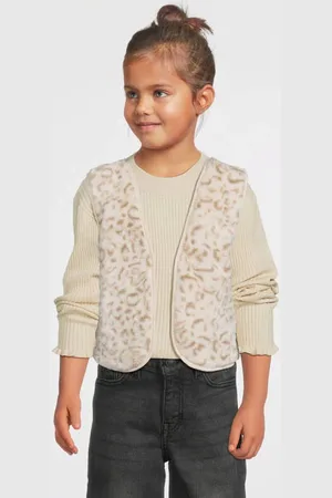 Moodstreet Gebreid gilet Vajén met panterprint Meisjes Teddy Openvallende hals