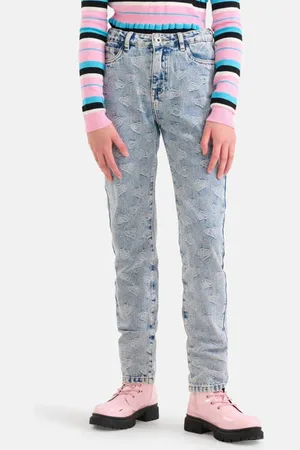 SHOEBY High waist tapered fit jeans met jacquard light blue denim Blauw